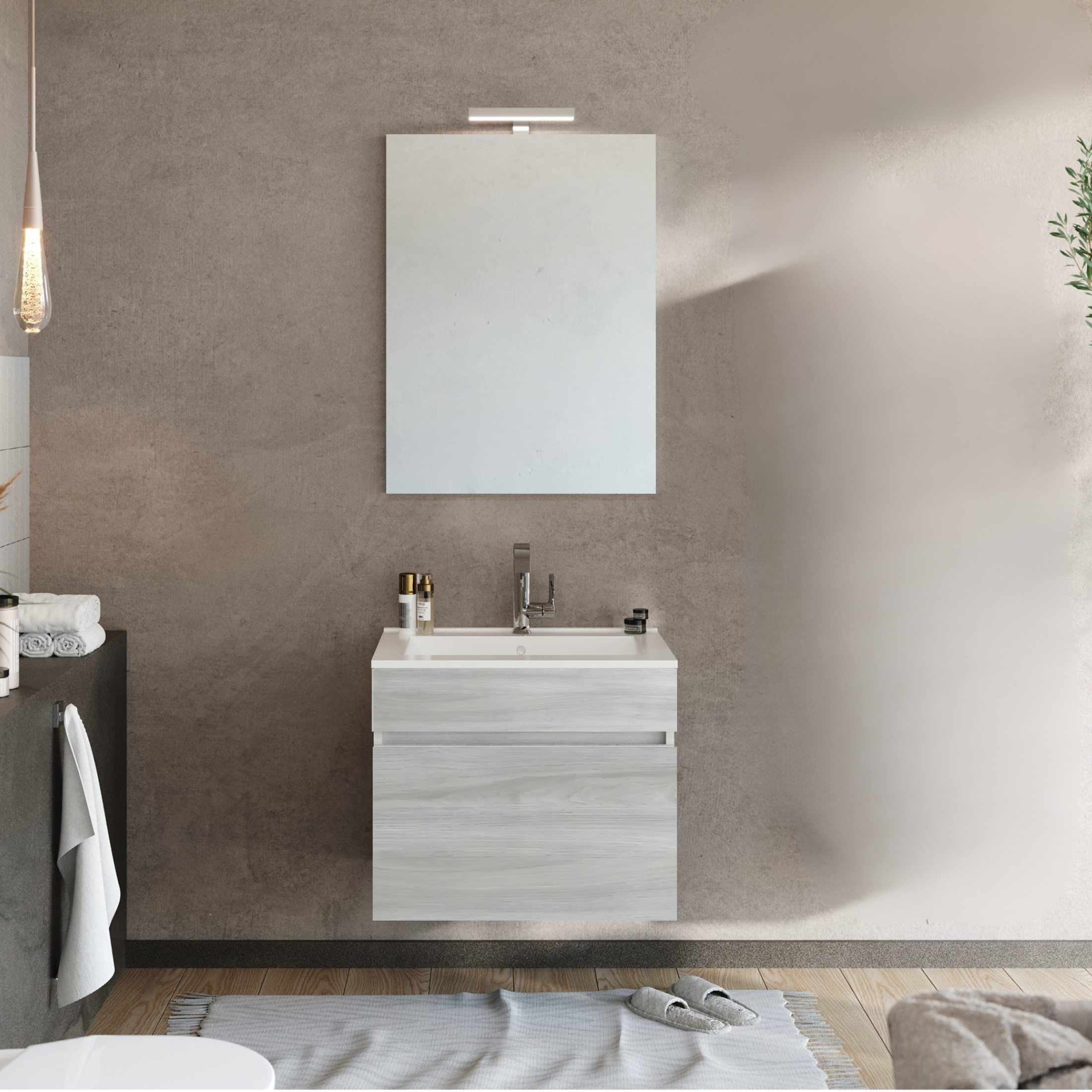 Modern wall-hung bathroom cabinet "Velira" with integrated sink and LED mirror