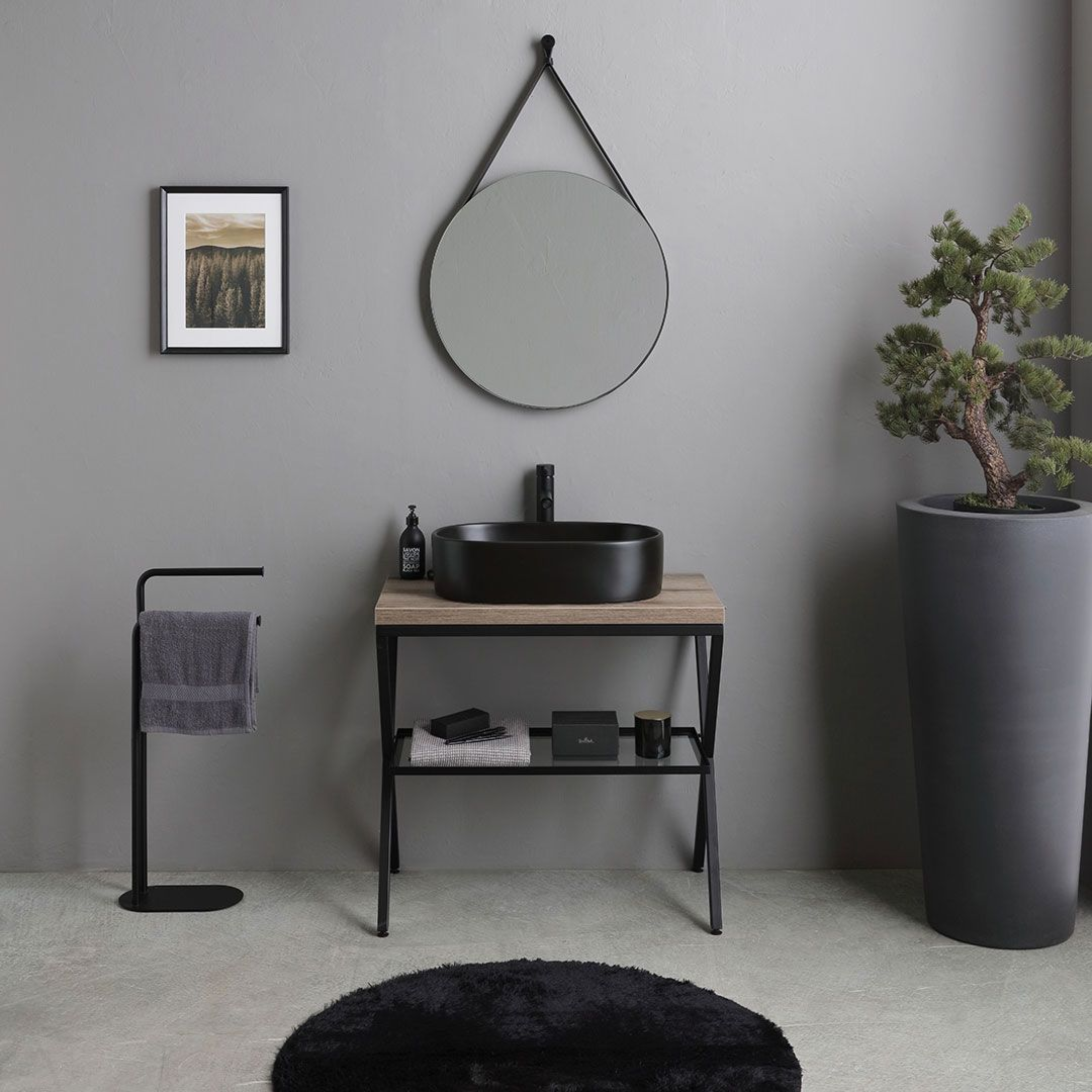 "Victoria" floor-standing bathroom cabinet in fossil oak with oval matt black ceramic sink and 80 cm round mirror