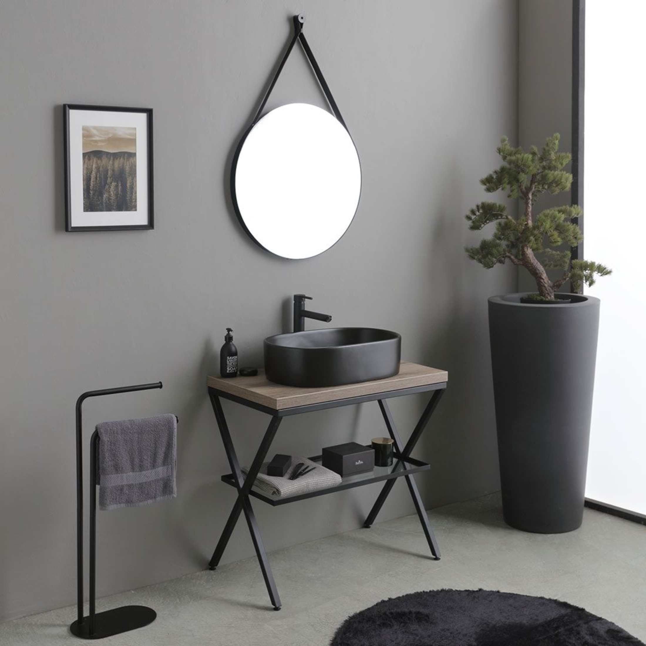 "Victoria" floor-standing bathroom cabinet in fossil oak with oval matt black ceramic sink and 80 cm round mirror
