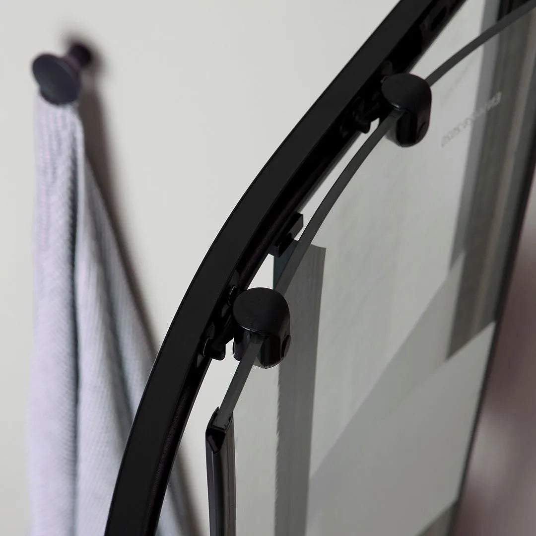 Semicircular "Cielo One" bathroom shower enclosure in silk-screened glass with a matt black frame
