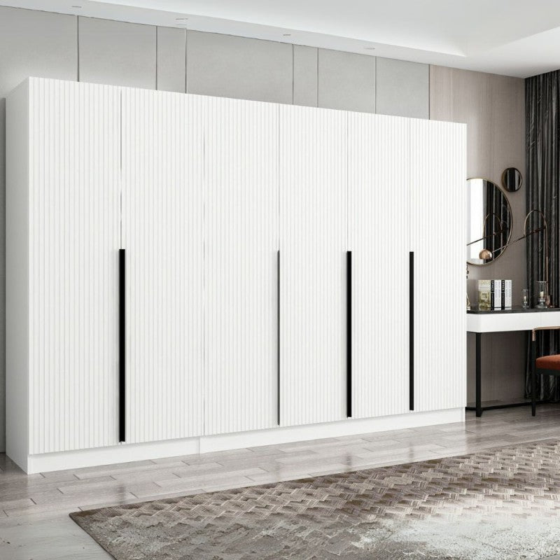 6-door "Kale" wardrobe in white ribbed wood, 270x52 cm, 210 cm high