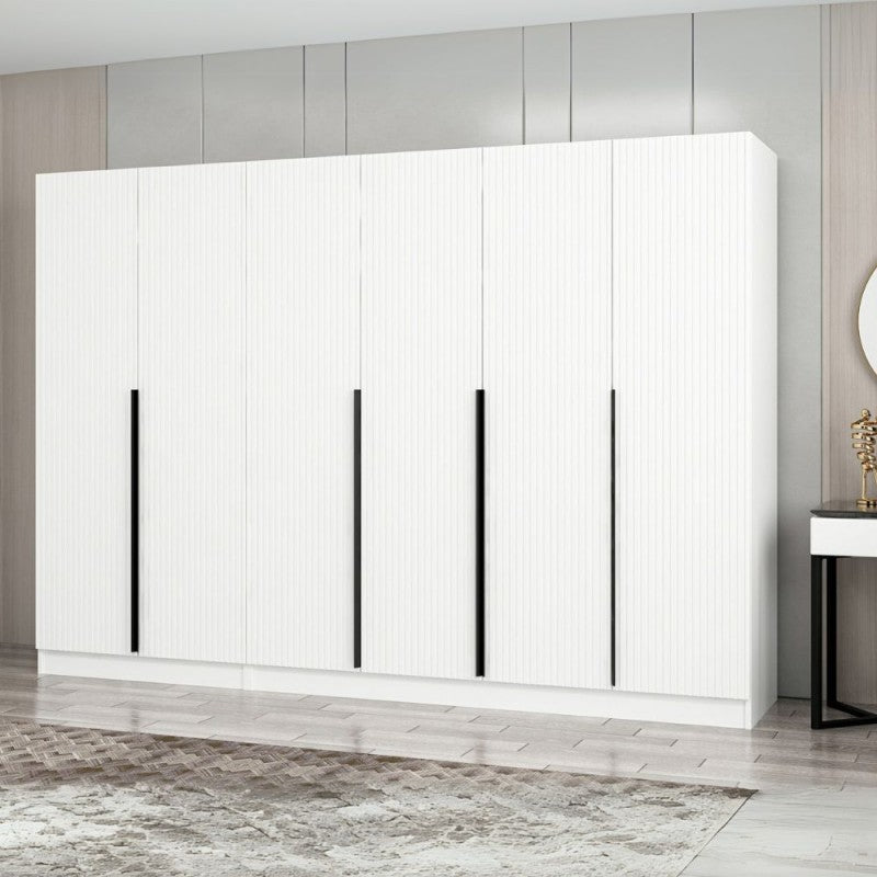 6-door "Kale" wardrobe in white ribbed wood, 270x52 cm, 210 cm high