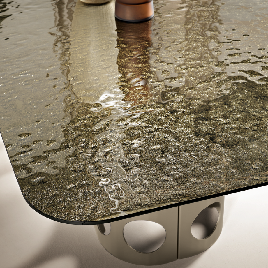 Fixed modern "Clover" table with back-silvered hammered glass top, 210x110 cm, 75 cm high