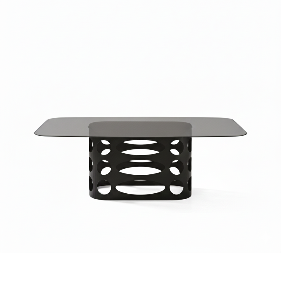 "Unico" modern fixed table in smooth transparent smoked glass and painted metal base 210x110 cm 75h