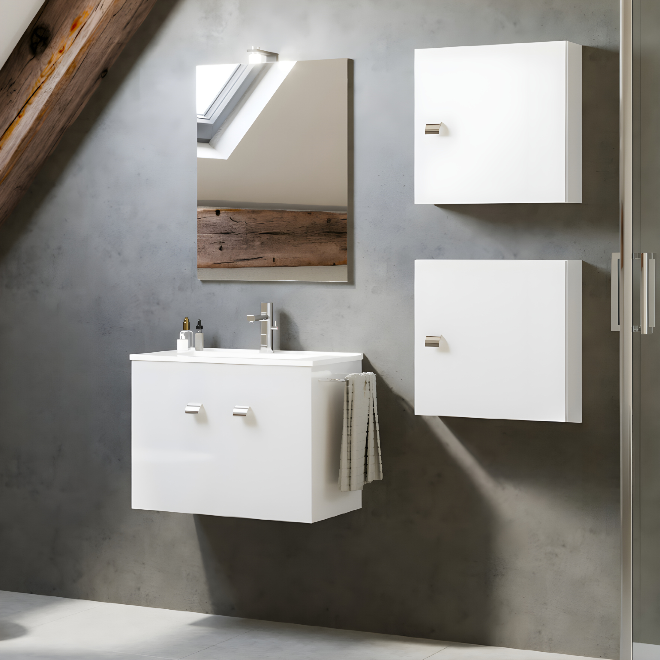 "Moa" wall-hung bathroom cabinets with glass shelves and 1 door