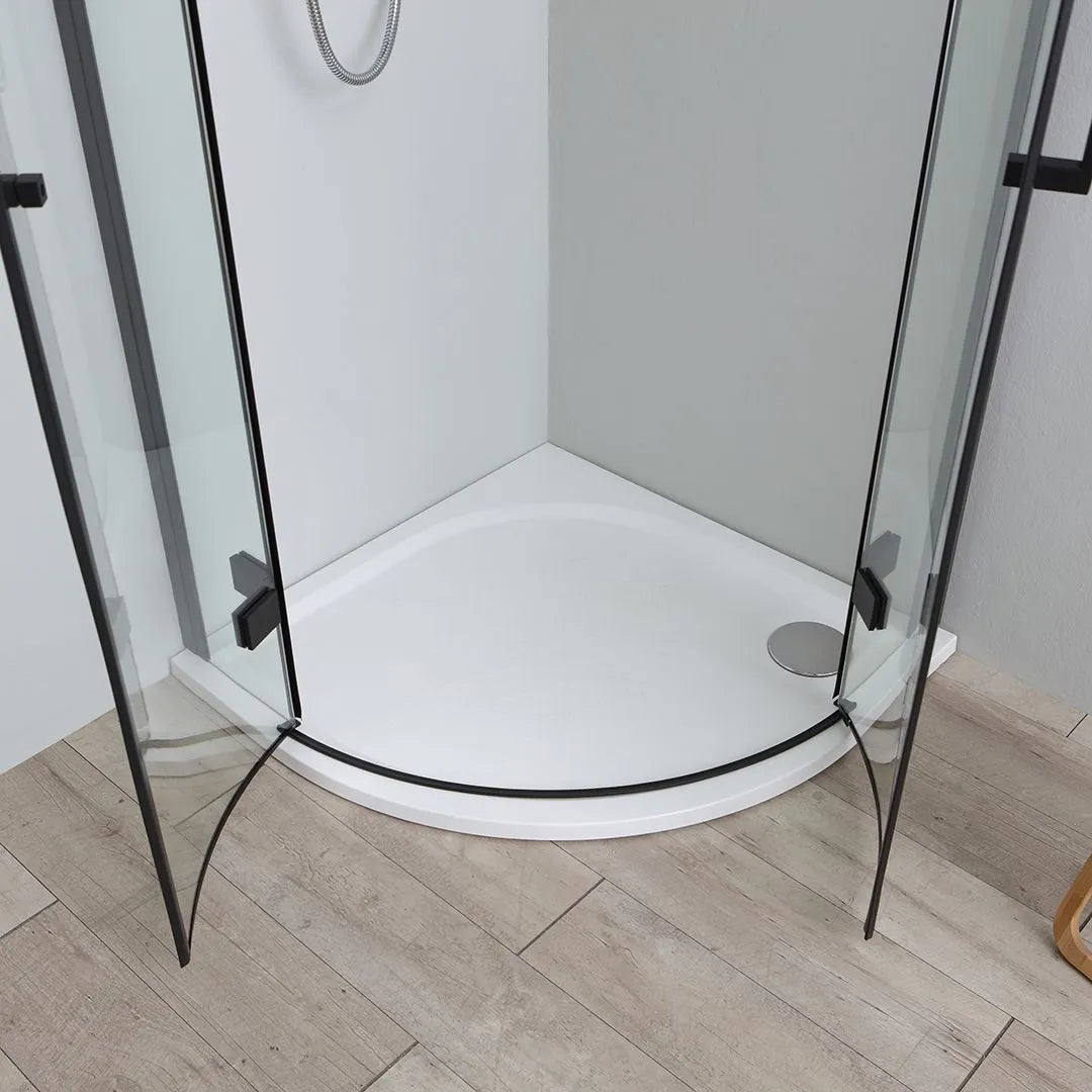 "Lions Two" semicircular corner shower enclosure in matt black glass without profiles