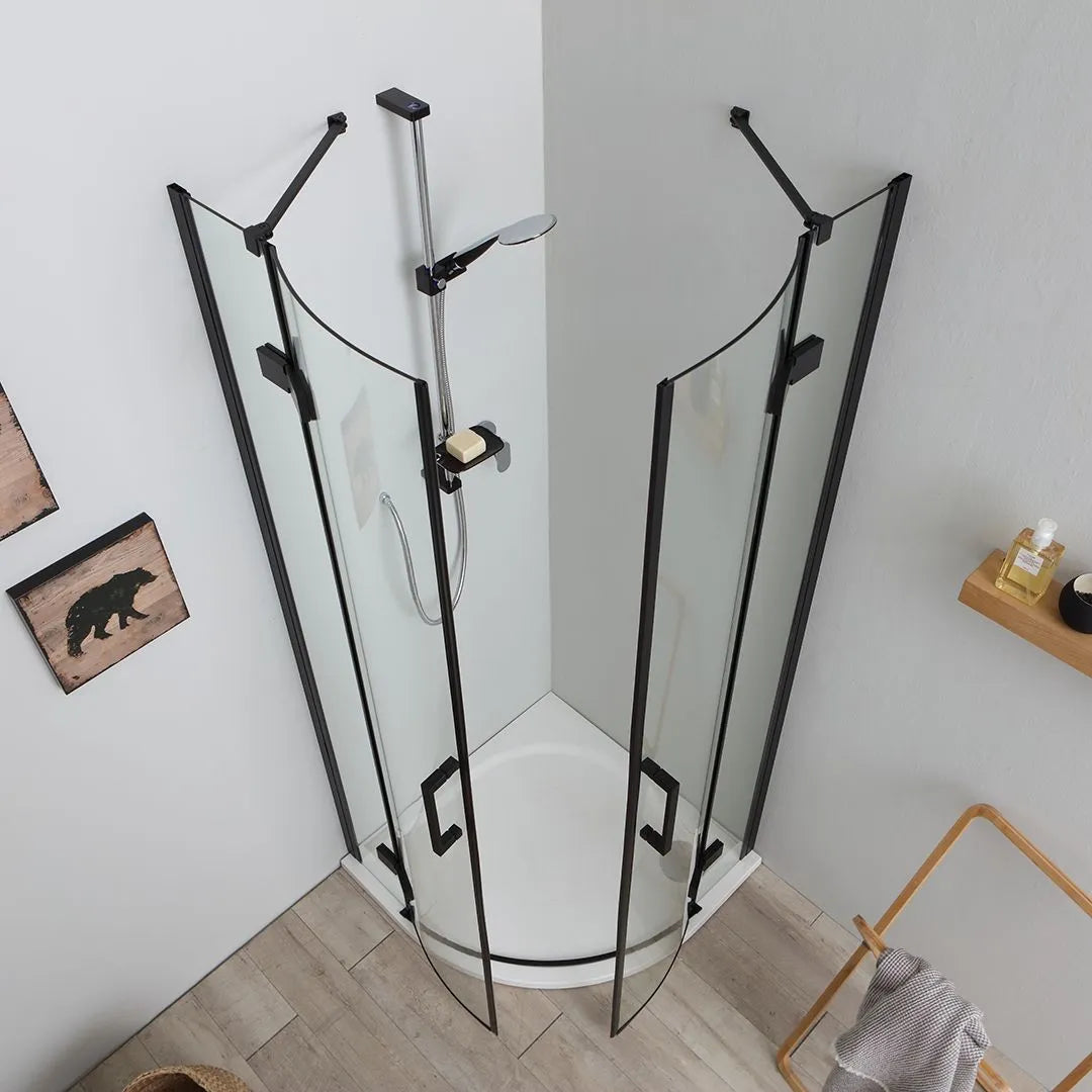 "Lions Two" semicircular corner shower enclosure in matt black glass without profiles
