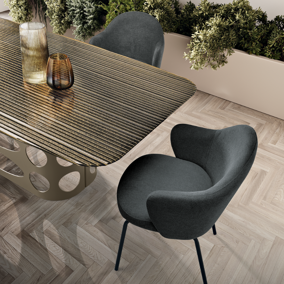 Fixed dining table "Master" with back-silvered ribbed glass top and perforated metal base, 210x110 cm, 75 cm high