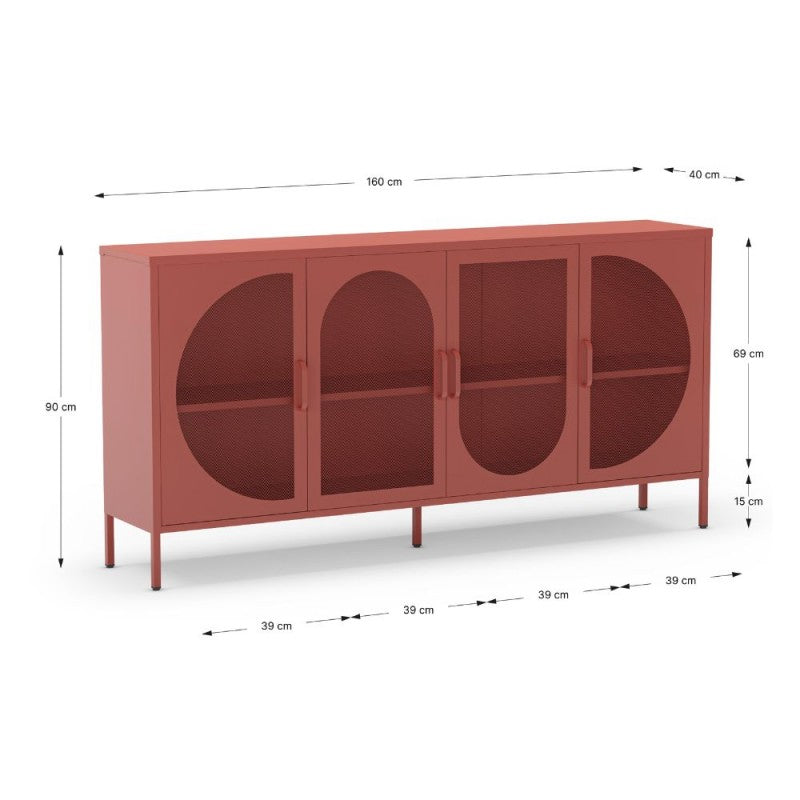 Madia 4 ante in metallo "Tayra" moderna 3 ripiani terracotta cm 160x40 90h