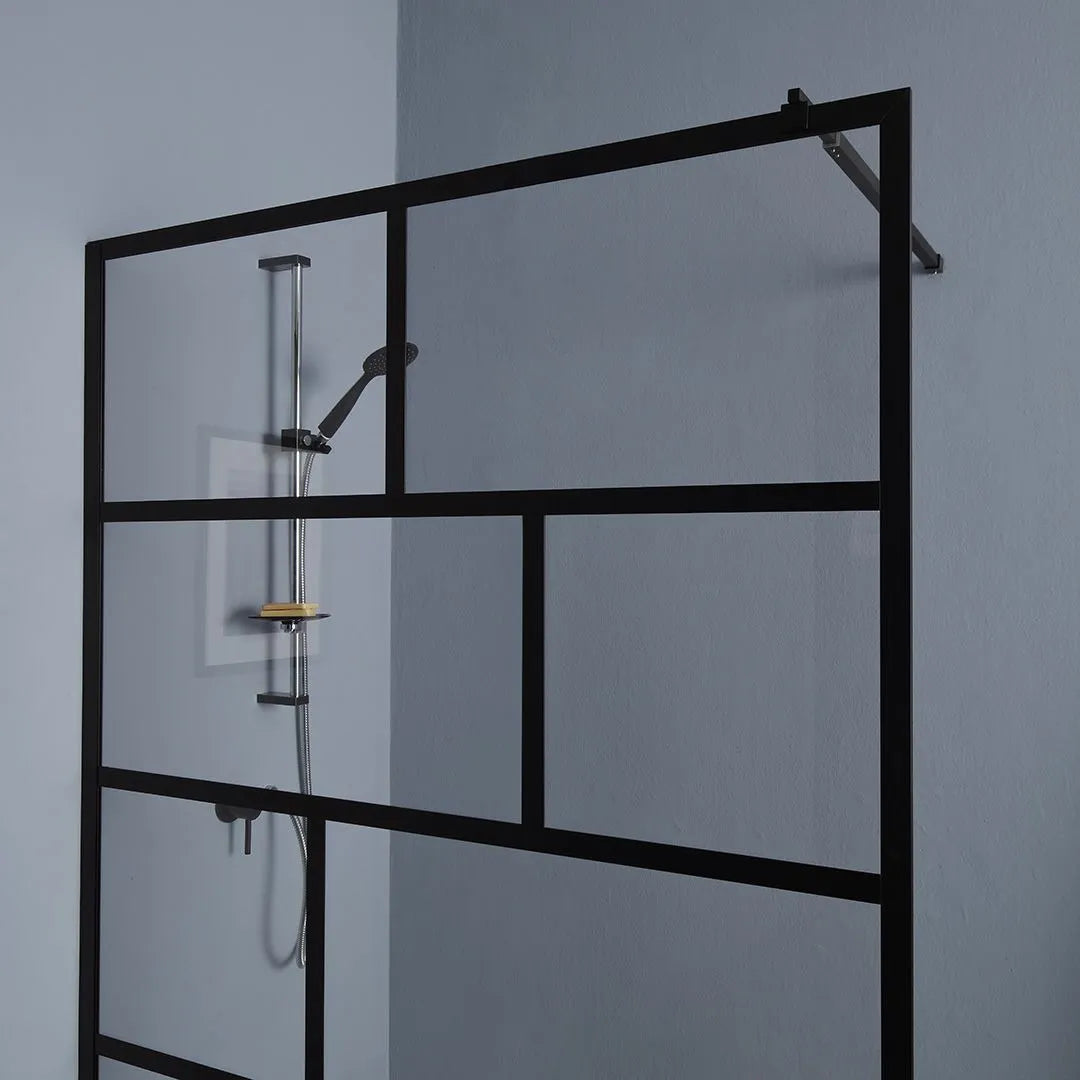 Modern "Walk" bathroom shower wall in clear glass and matt black frame