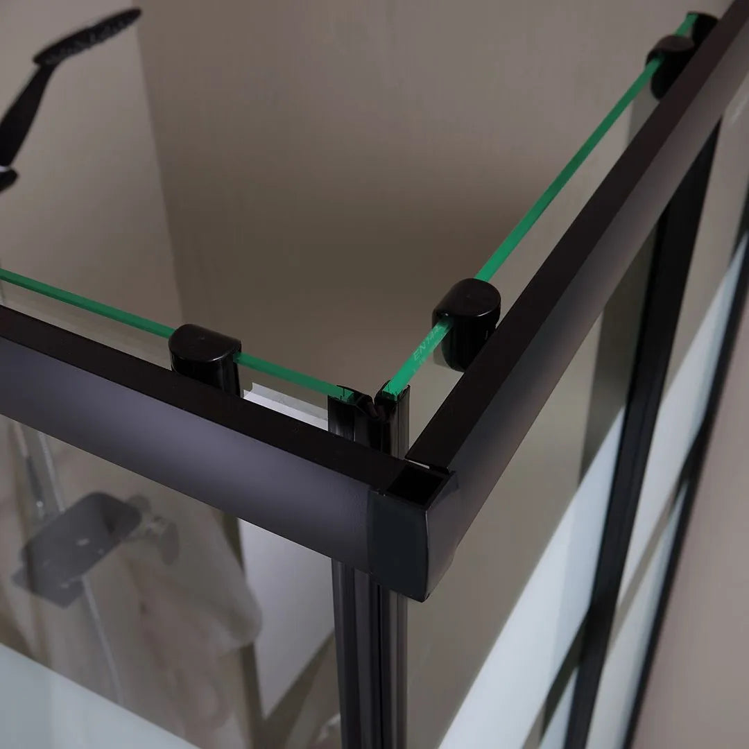 Modern "Cielo" sliding shower enclosure with silkscreened finish and matt black profile