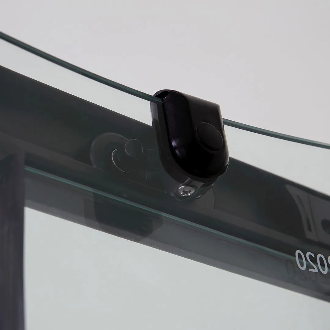 Semicircular "Cielo One" bathroom shower enclosure in silk-screened glass with a matt black frame