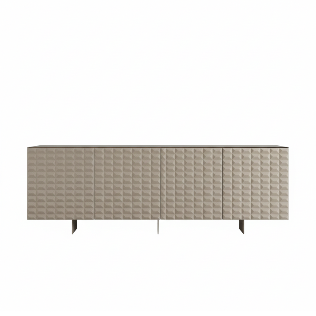 Dove-grey "Diamantum" living room sideboard with metal cross-leg and bronze mirrored glass top