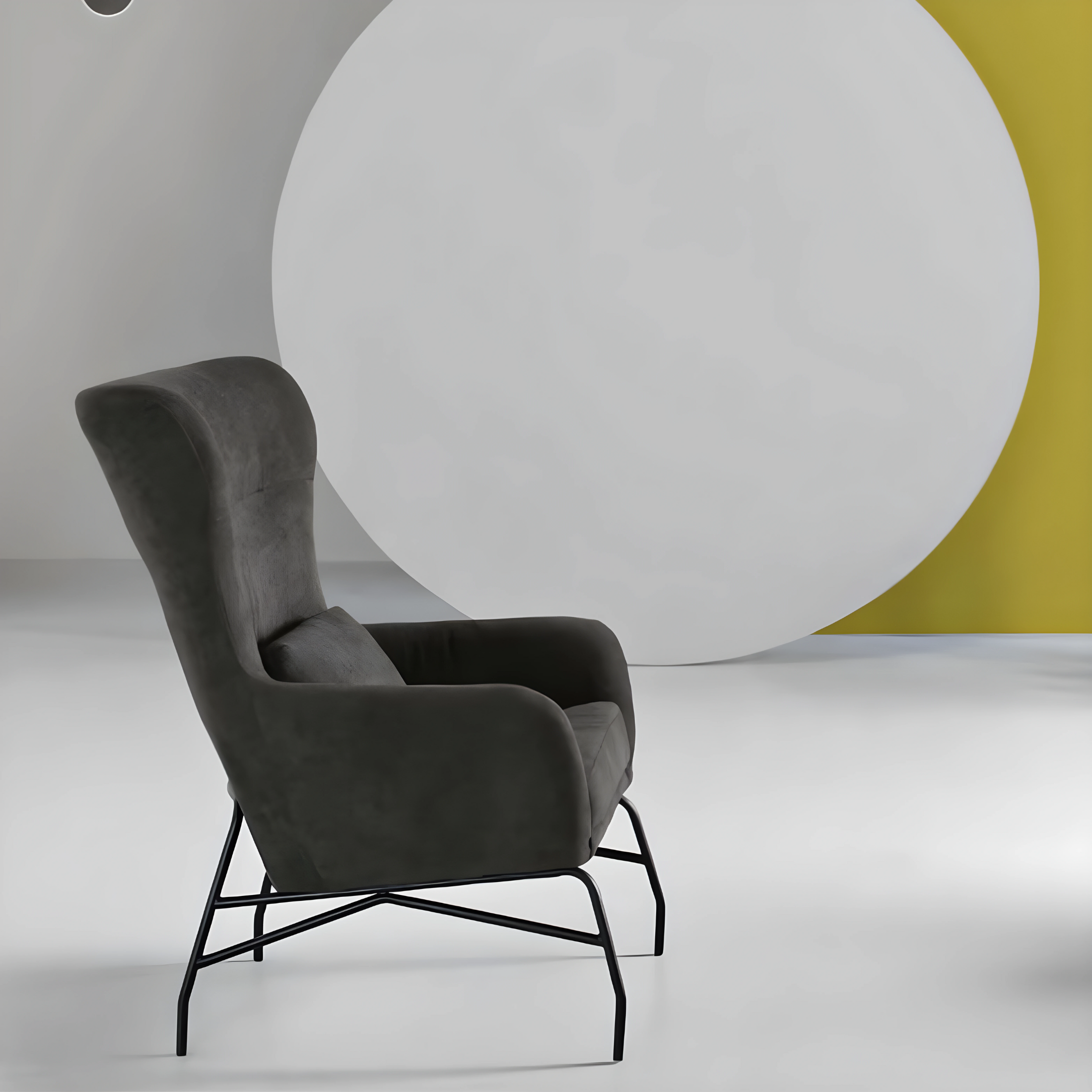 Sillón "Artemide" de tela con patas de metal pintado, 75x65 cm, alto 100 cm.