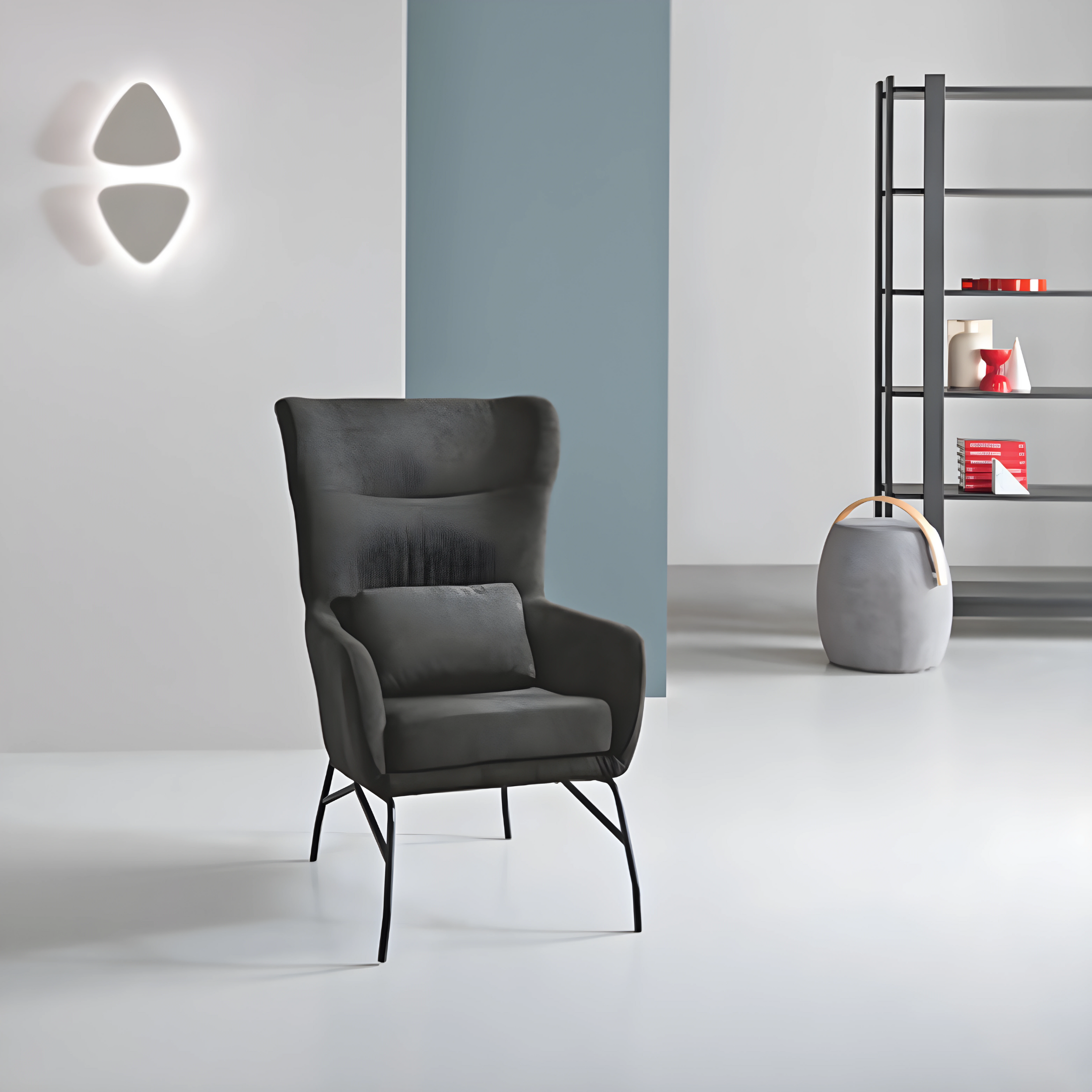 Sillón "Artemide" de tela con patas de metal pintado, 75x65 cm, alto 100 cm.