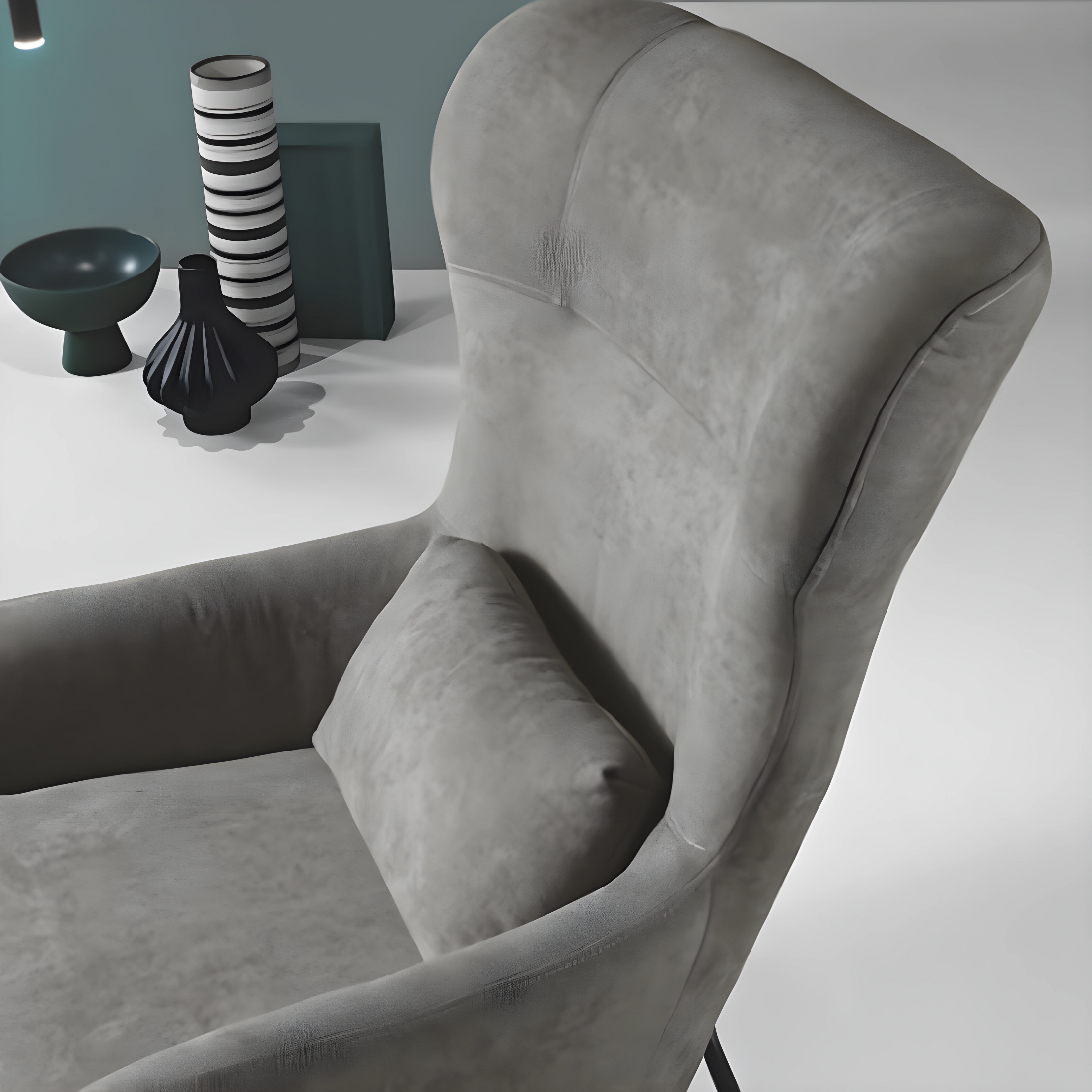 Sillón "Artemide" de tela con patas de metal pintado, 75x65 cm, alto 100 cm.