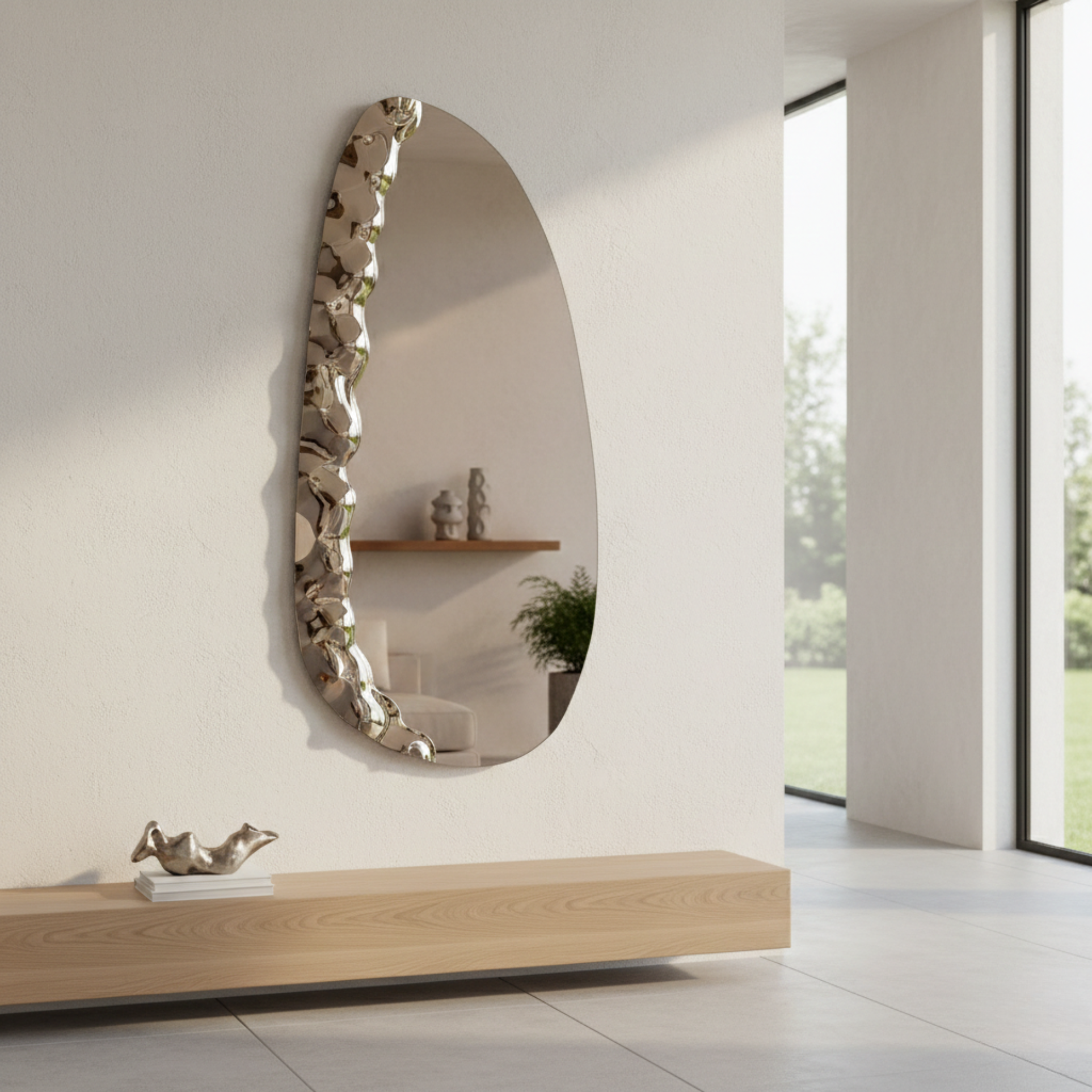 Specchio sagomato "Eterea" con inserto in vetro mosso