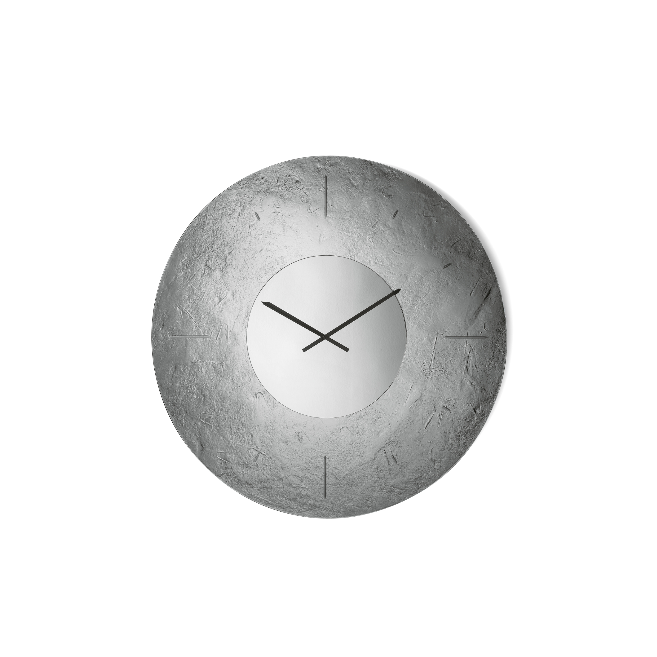 "Kronis" wall clock in hammered fused glass, back-silvered with mirrored insert and machine-engraved numbers