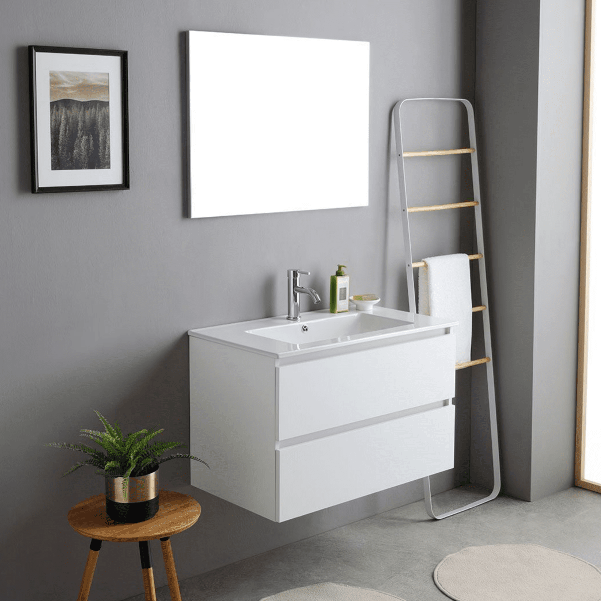 Mobile bagno bianco "Havana Plus" sospeso 2 cassetti base con specchio lavabo integrato in ceramica 80 cm - MondoViro