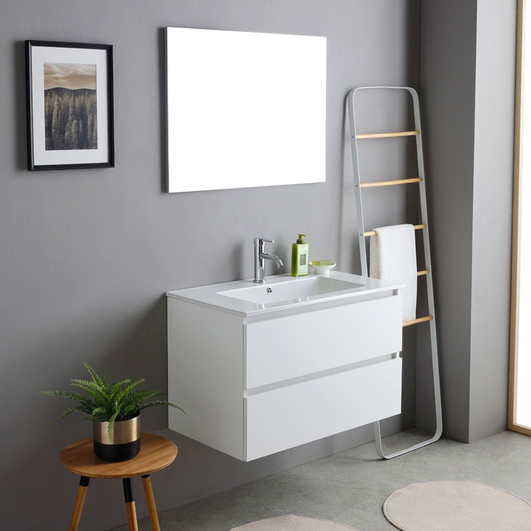 White "Havana Plus" bathroom cabinet with 2 drawers and integrated ceramic washbasin mirror, 80 cm
