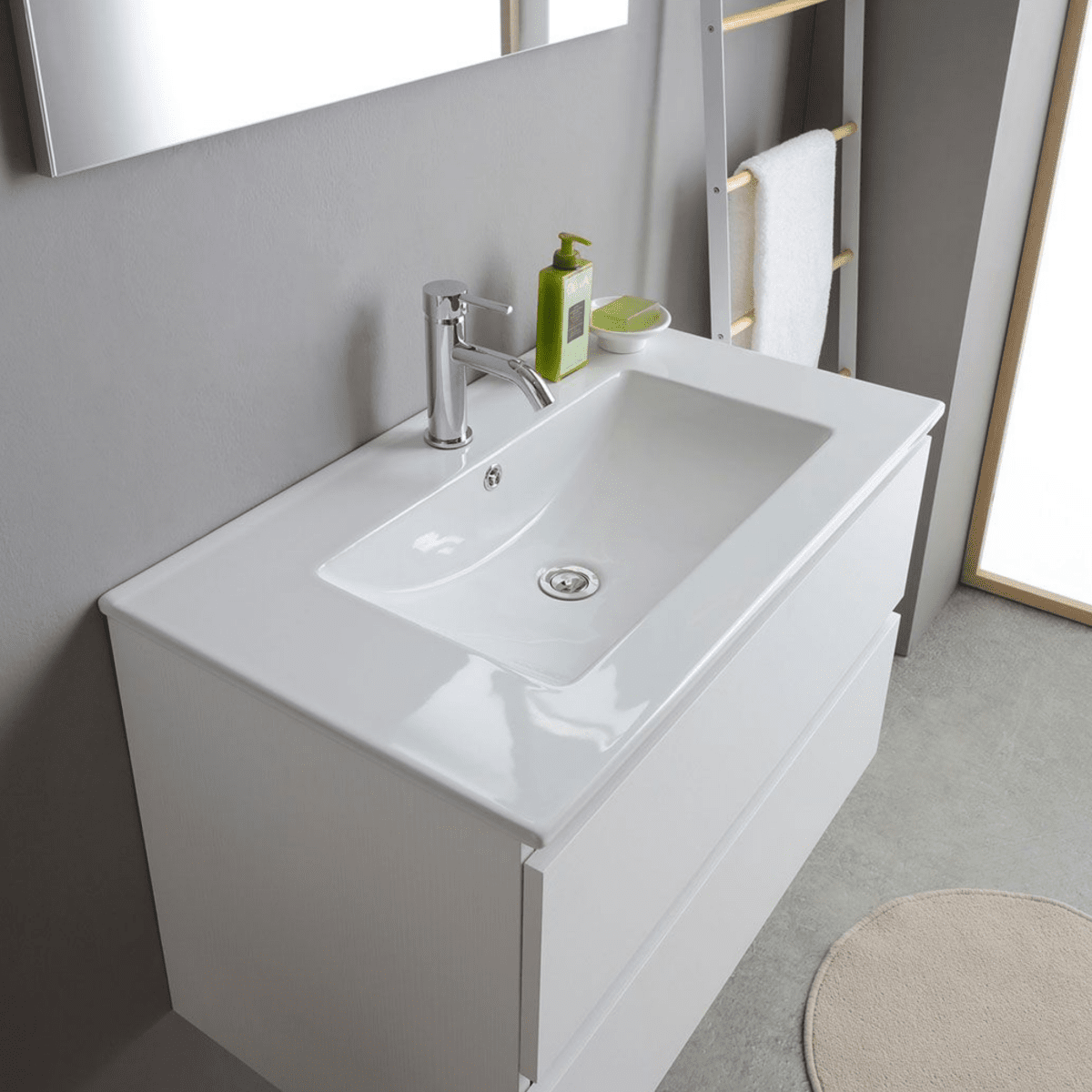 Mobile bagno bianco "Havana Plus" sospeso 2 cassetti base con specchio lavabo integrato in ceramica 80 cm - MondoViro