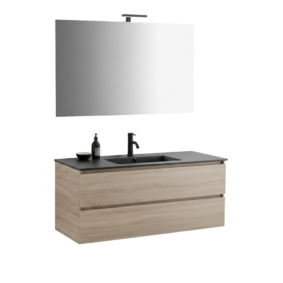 "Berlino60" oak-colored wall-hung bathroom cabinet with 2 drawers, black sink, and mirror