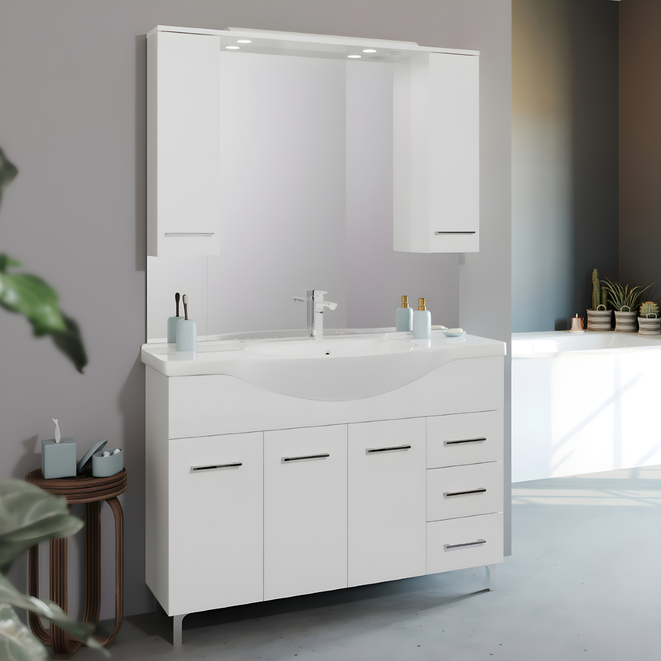 "Kiro" bathroom furniture in melamine with a glossy white finish, built-in ceramic sink and mirror