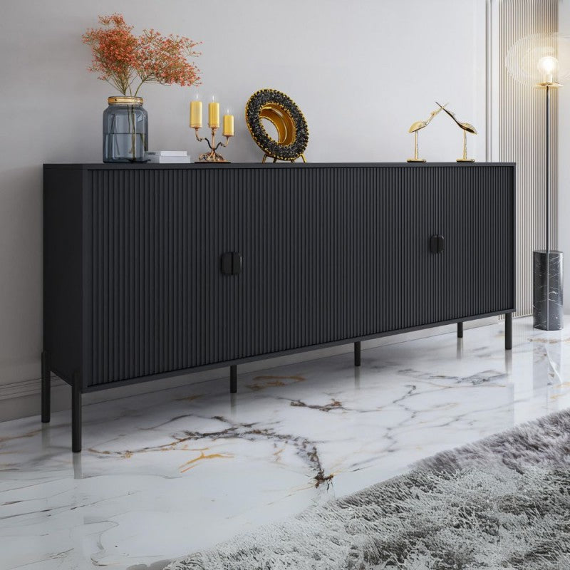 Modern "Lotus" sideboard in matt finish with ribbed feet and black handles