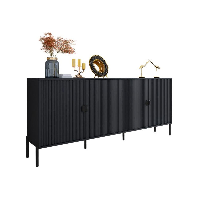 Modern "Lotus" sideboard in matt finish with ribbed feet and black handles