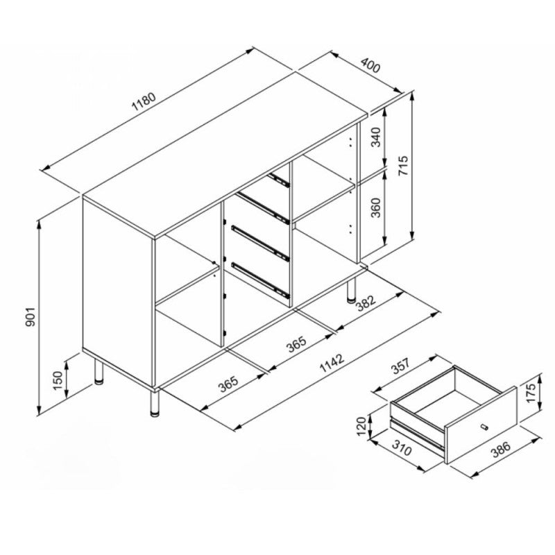 Madia moderna "Monza" cannettata 2 ante e 4 cassetti cm 118x40 90h