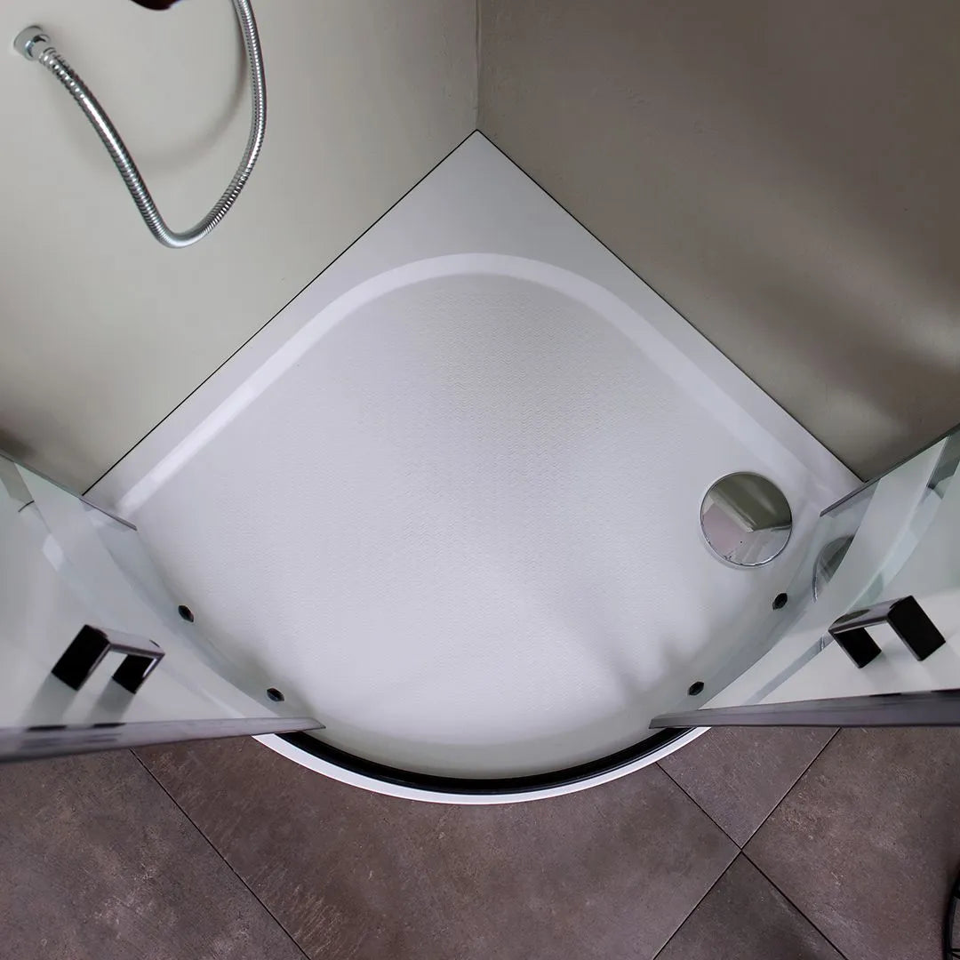 Semicircular "Cielo One" bathroom shower enclosure in silk-screened glass with a matt black frame