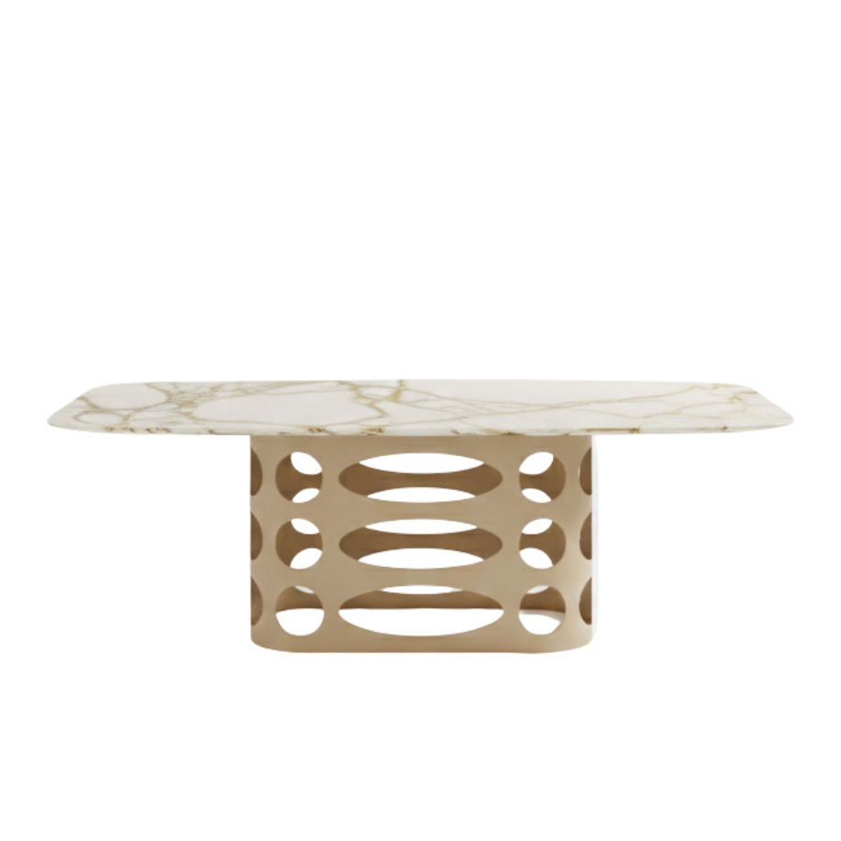 "Core" fixed dining table with glossy marble-effect ceramic top and perforated painted metal base, 210x110 cm, 75 cm high