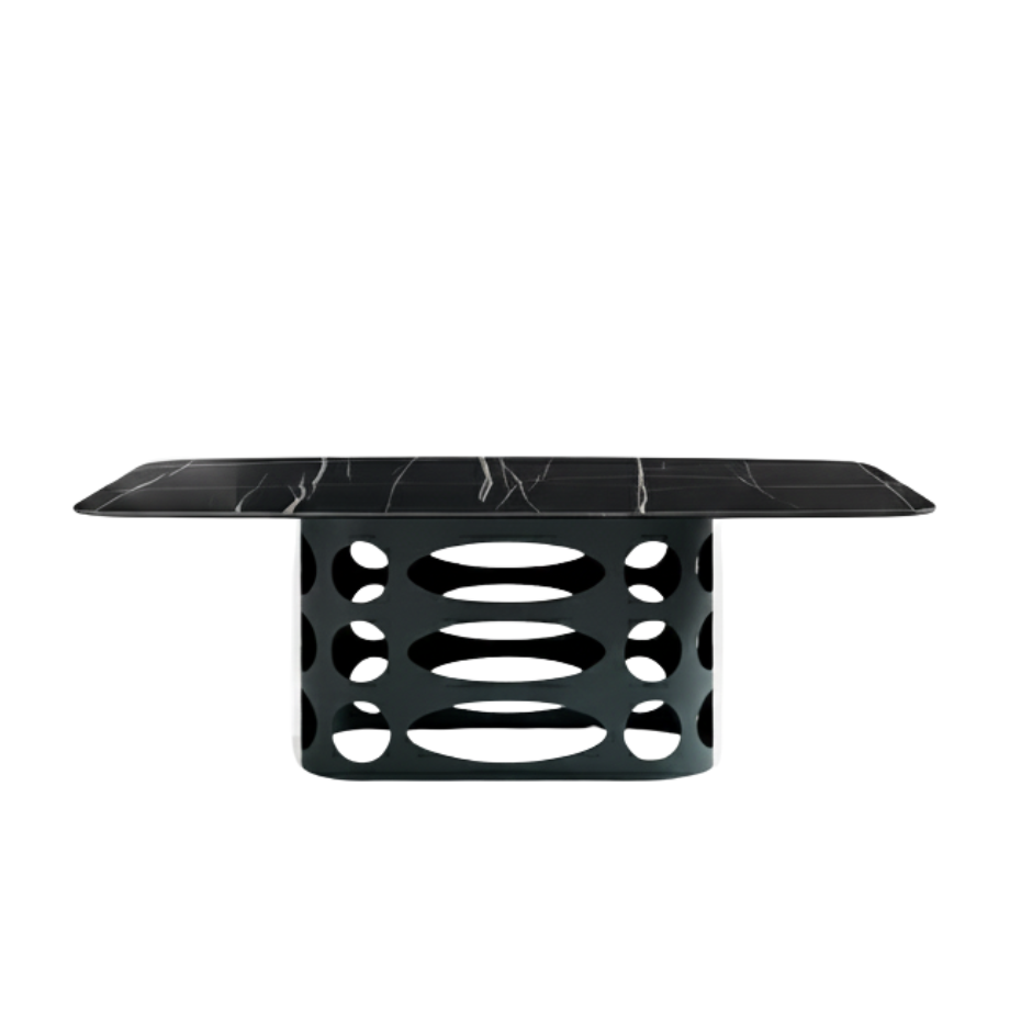 "Core" fixed dining table with glossy marble-effect ceramic top and perforated painted metal base, 210x110 cm, 75 cm high