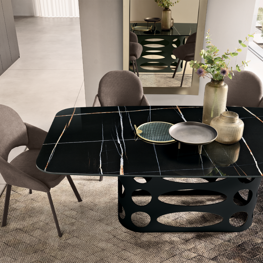 "Core" fixed dining table with glossy marble-effect ceramic top and perforated painted metal base, 210x110 cm, 75 cm high