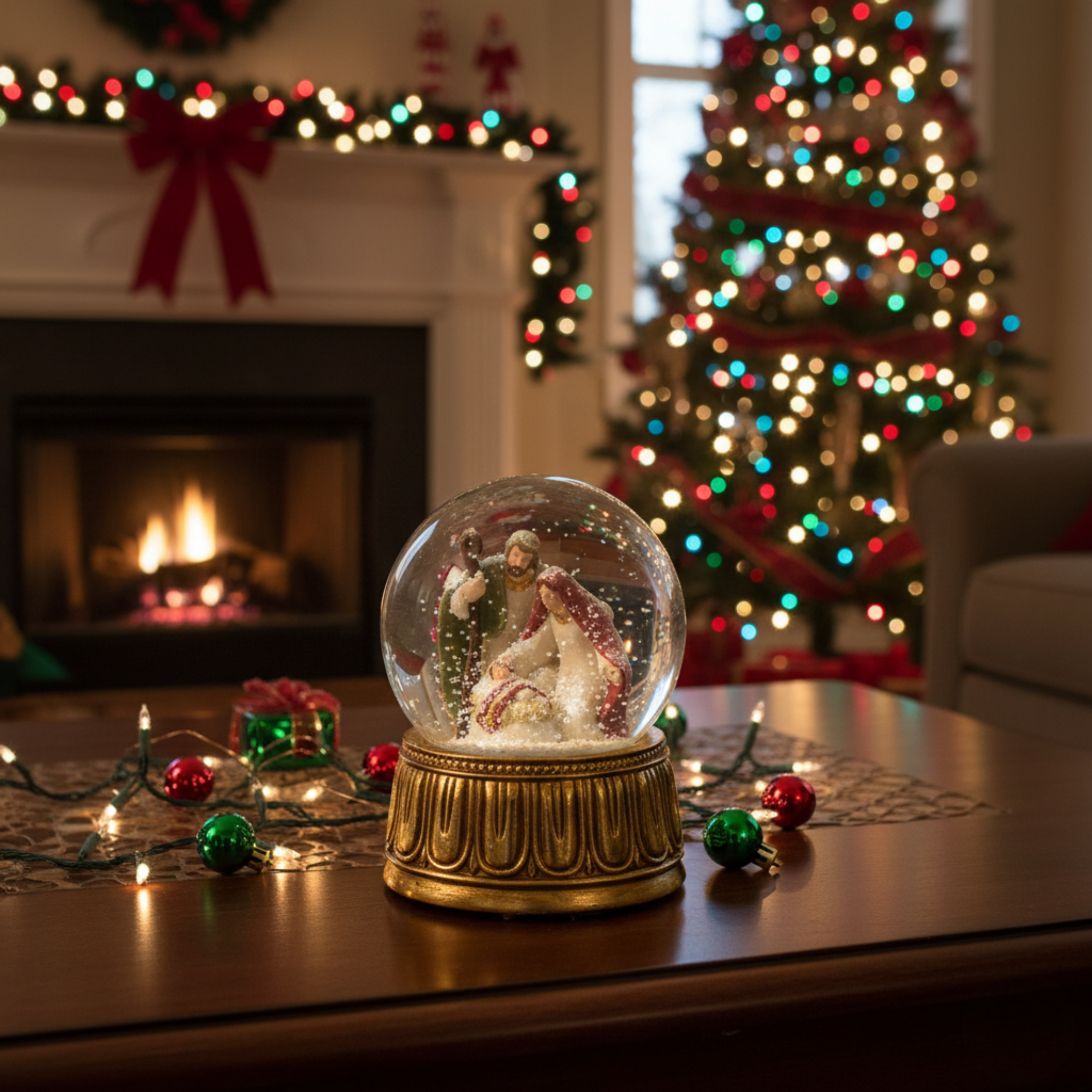 Water sphere with nativity scene and music box, hand-painted resin base, Christmas decoration, Ø10x14.5 cm