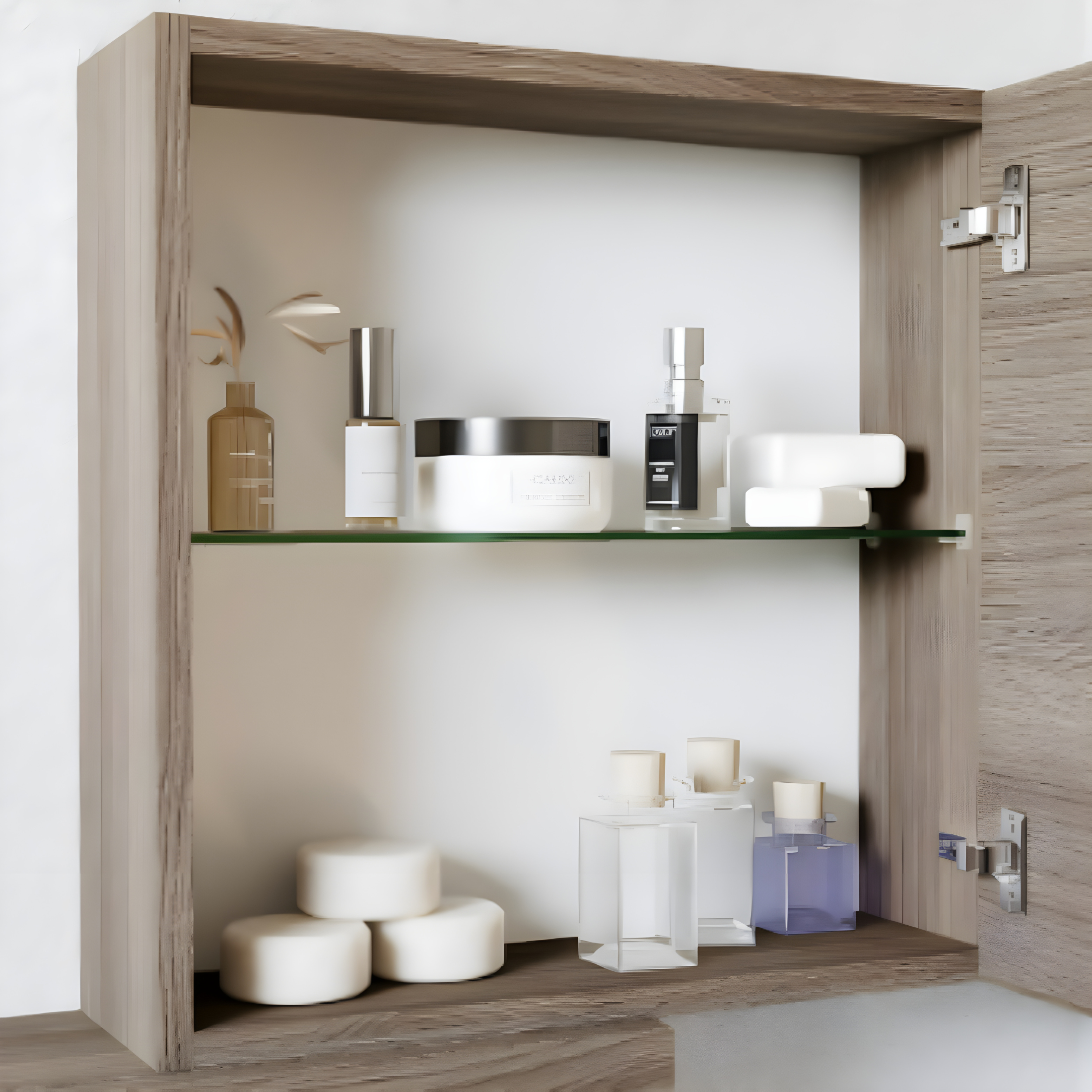 "Moa" wall-hung bathroom cabinets with glass shelves and 1 door