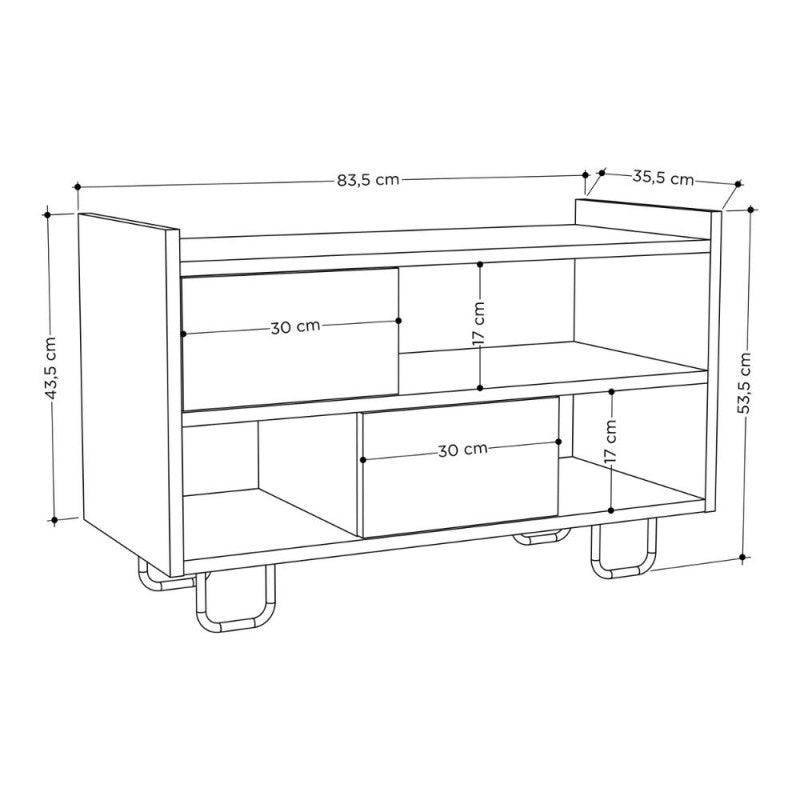 Low shoe bench "Troy" with oak structure and anthracite drop-leaf doors with cushion