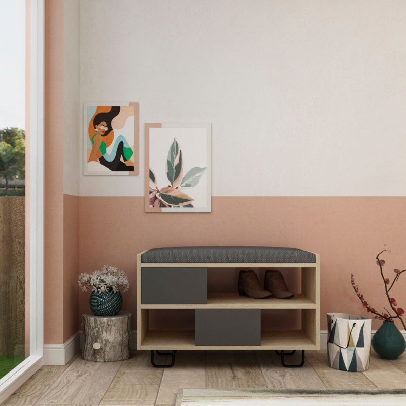 Low shoe bench "Troy" with oak structure and anthracite drop-leaf doors with cushion