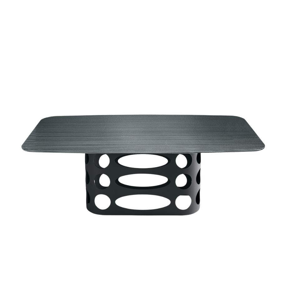 Fixed dining table "Master" with back-silvered ribbed glass top and perforated metal base, 210x110 cm, 75 cm high