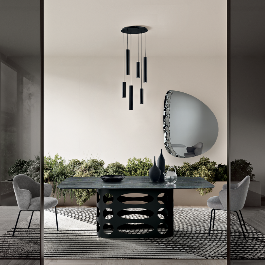 Fixed dining table "Master" with back-silvered ribbed glass top and perforated metal base, 210x110 cm, 75 cm high