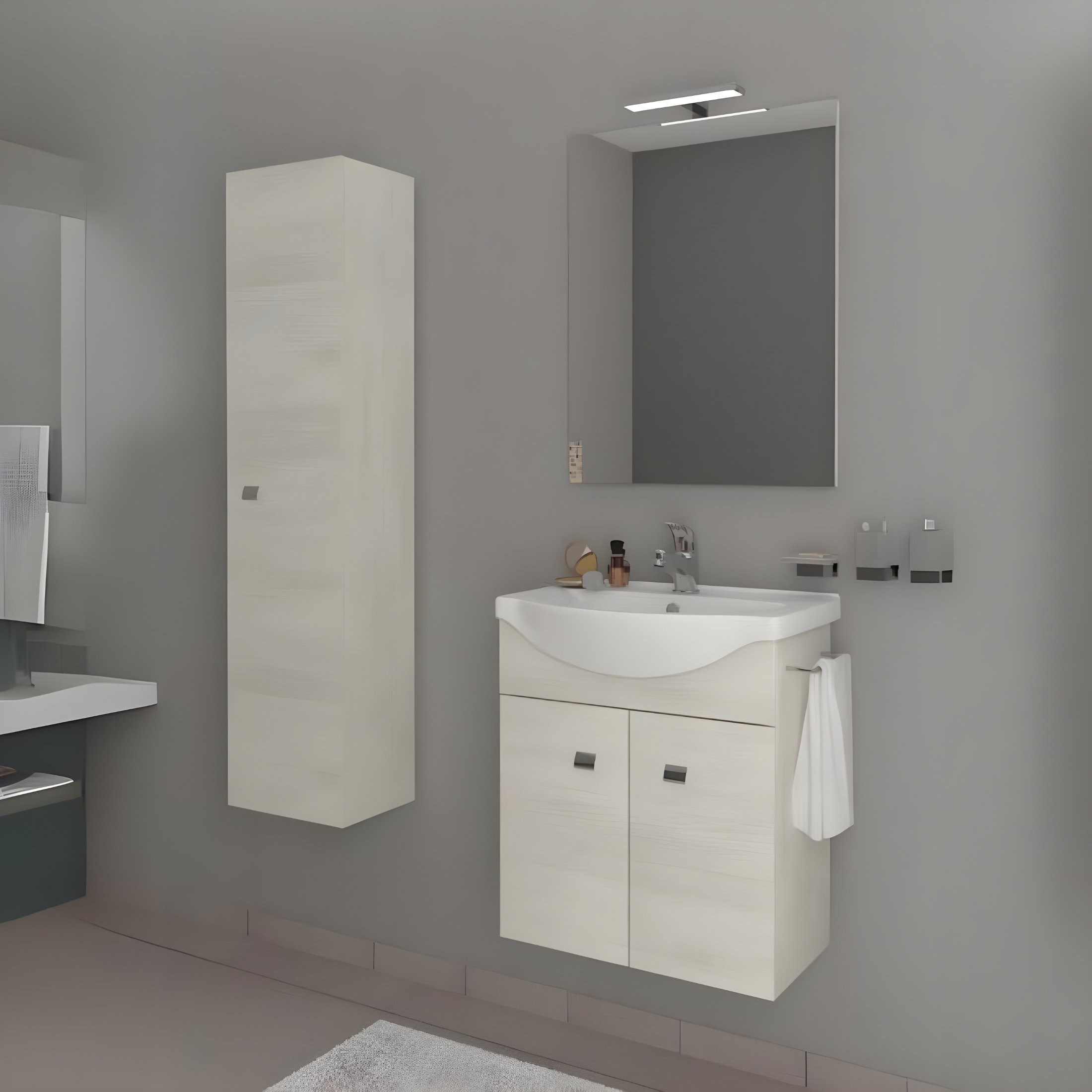 "Moa" wall-hung bathroom cabinets with glass shelves and 1 door