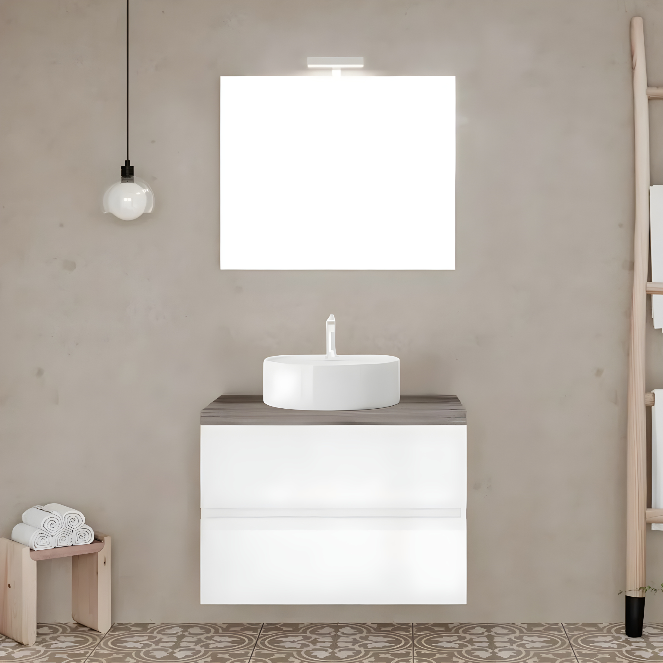 "Tara3" wall-hung bathroom cabinet with oval countertop washbasin, top and LED mirror