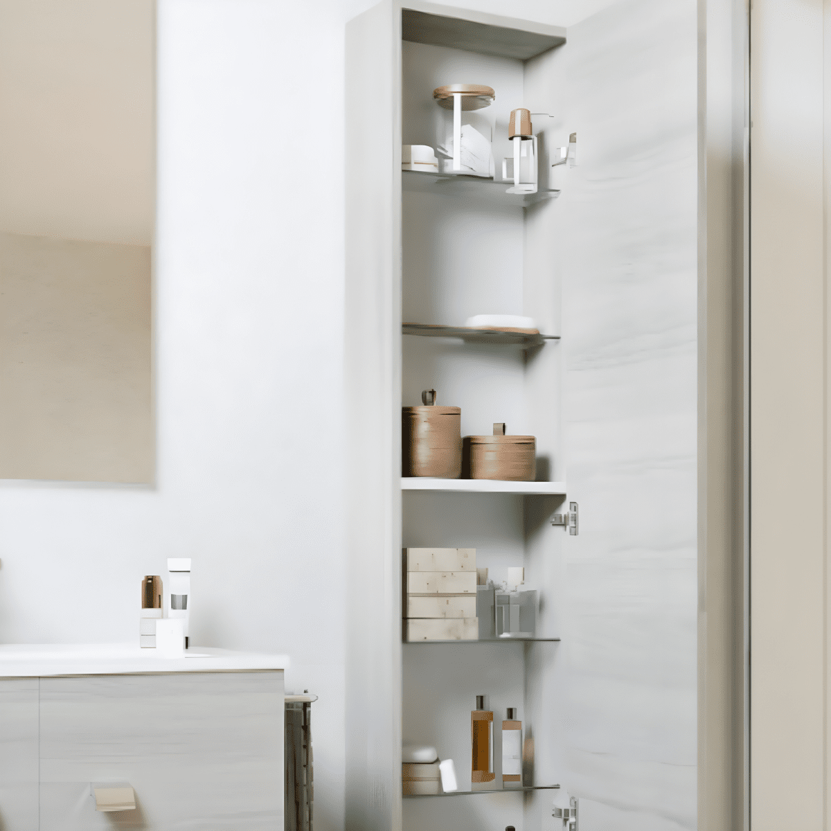 Mobili contenitori "Moa" sospesi da bagno con ripiani in vetro 1 anta - MondoViro