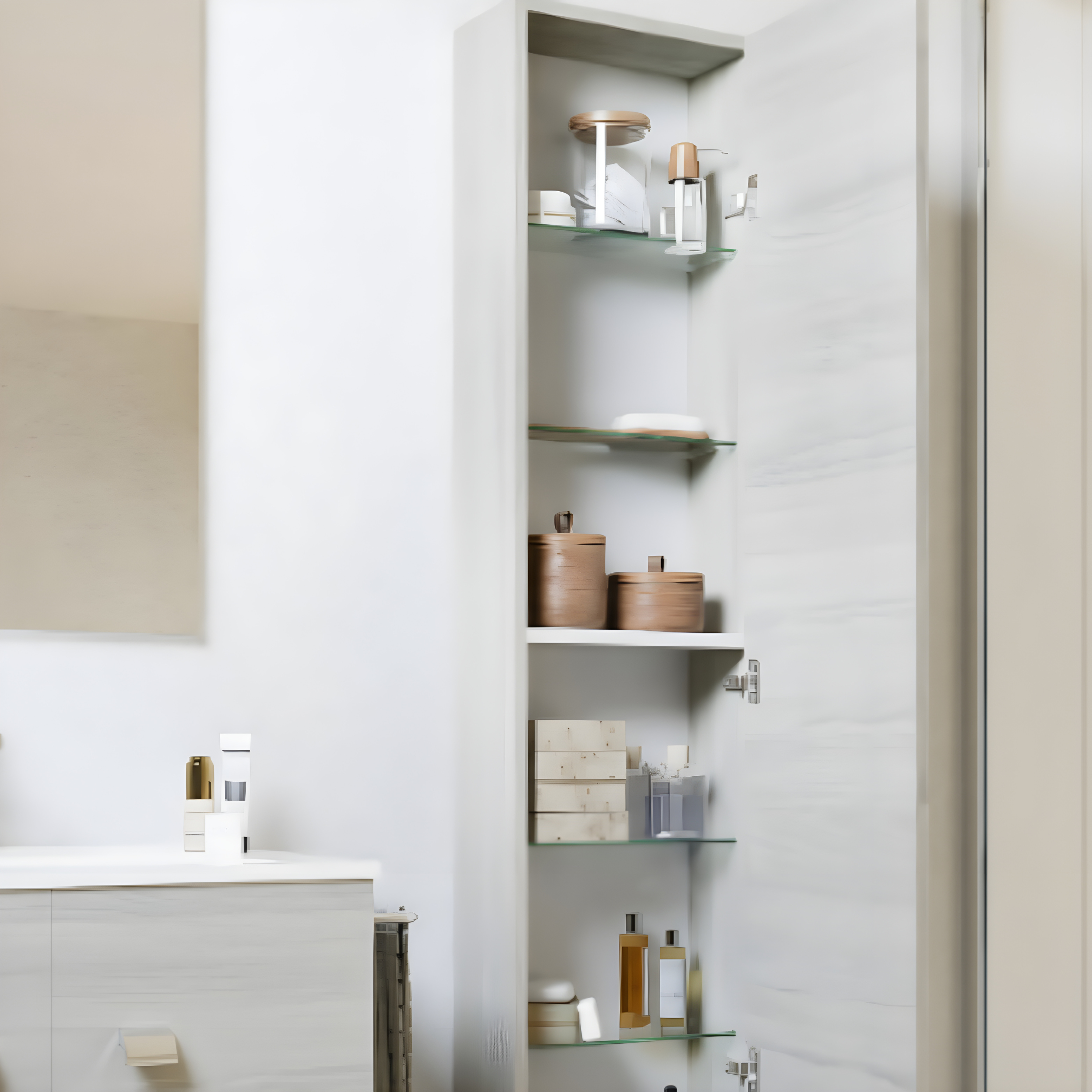 "Moa" wall-hung bathroom cabinets with glass shelves and 1 door