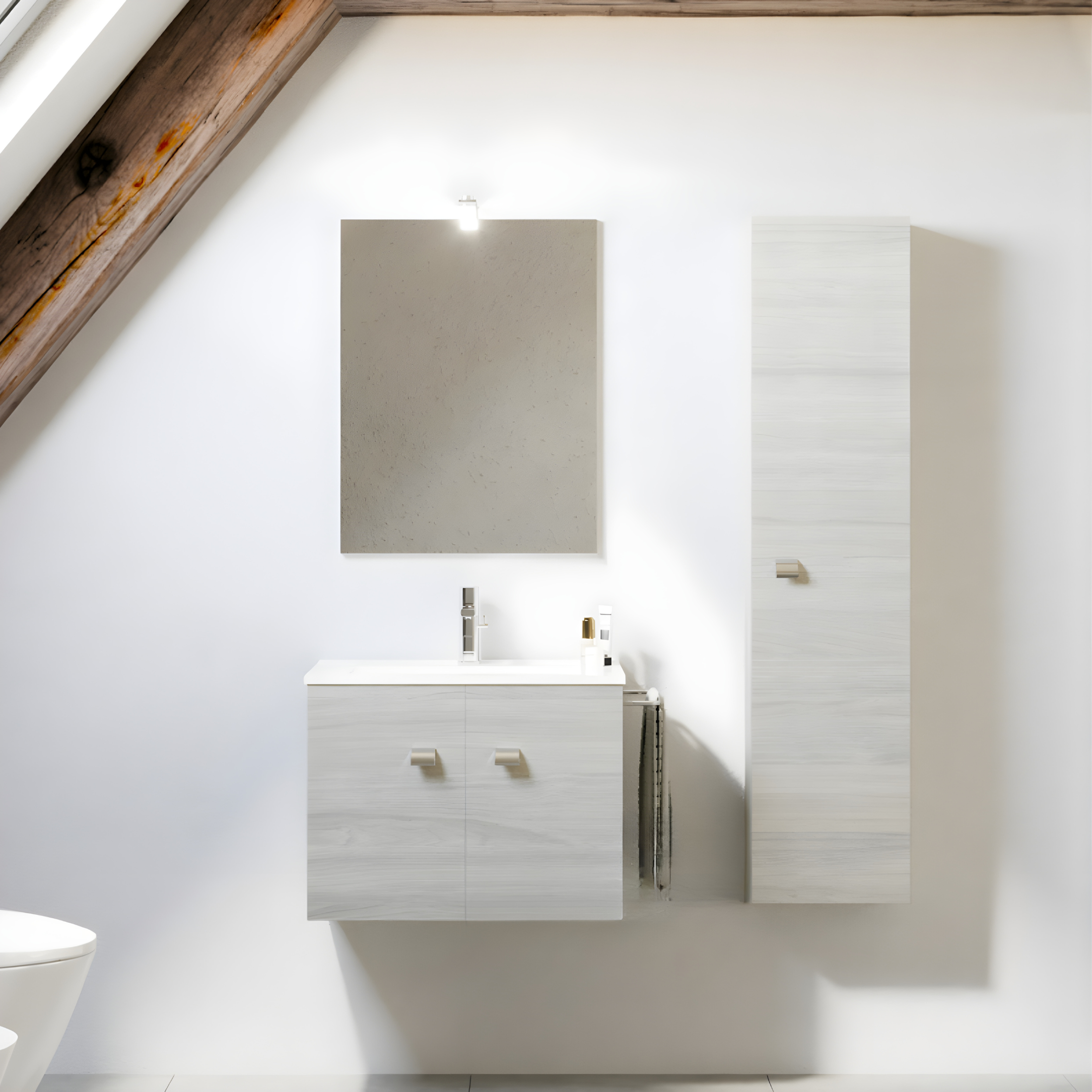 "Moa" wall-hung bathroom cabinets with glass shelves and 1 door