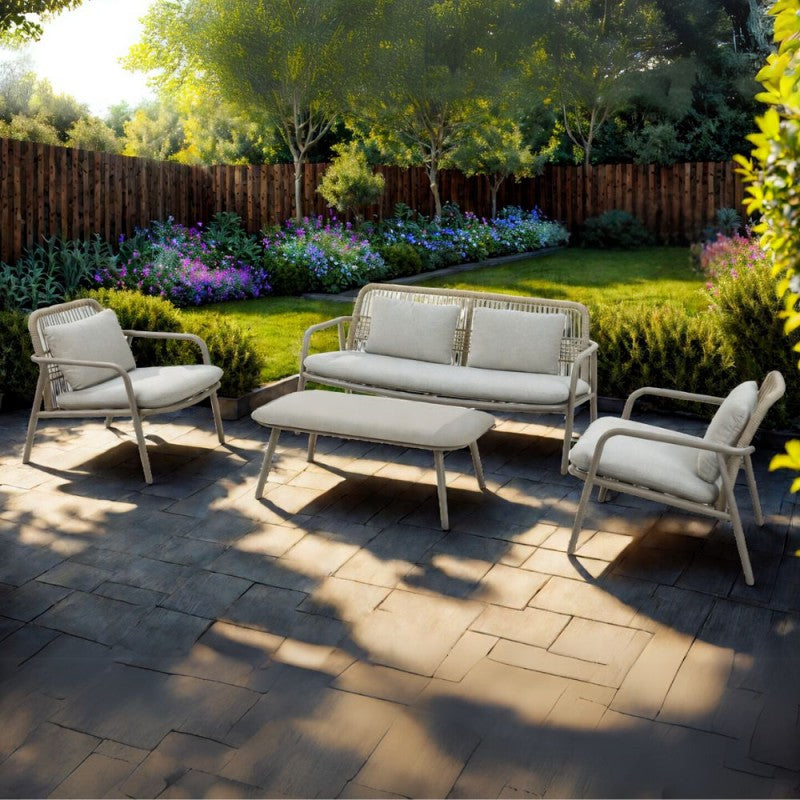 "Marina" outdoor lounge set with a modern sofa, cushions, two armchairs, and a coffee table.