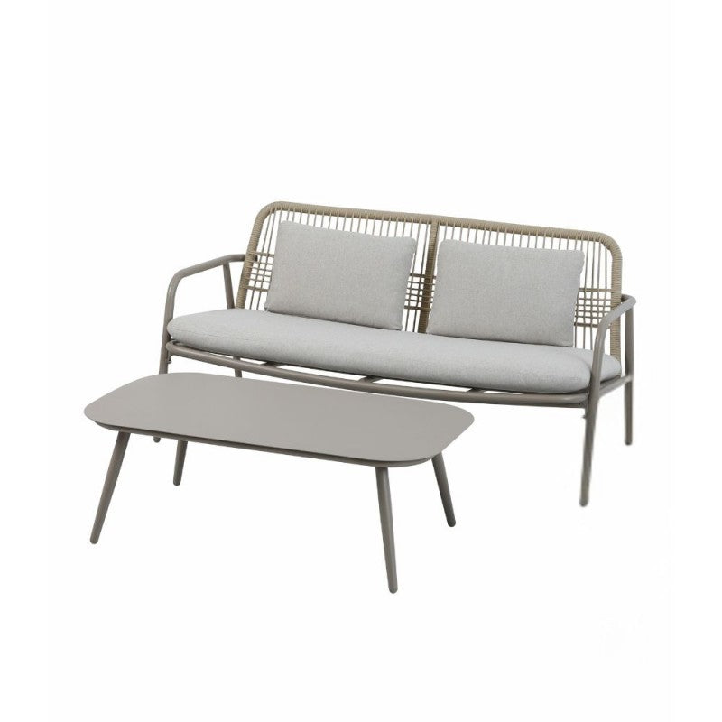 "Marina" outdoor lounge set with a modern sofa, cushions, two armchairs, and a coffee table.