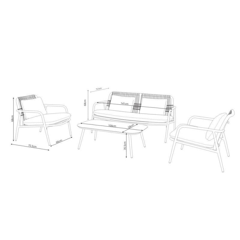 "Marina" outdoor lounge set with a modern sofa, cushions, two armchairs, and a coffee table.