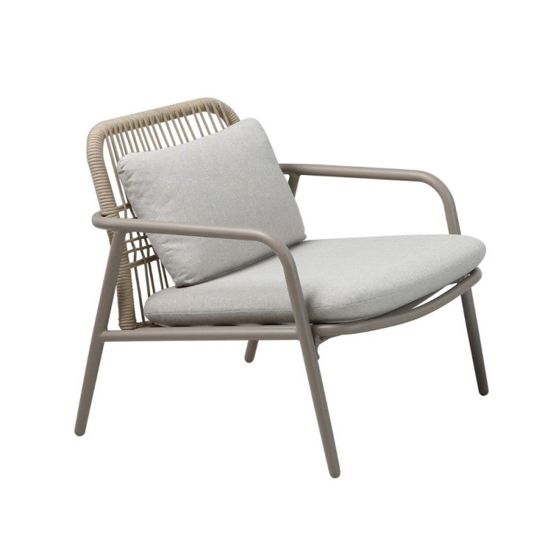 "Marina" outdoor lounge set with a modern sofa, cushions, two armchairs, and a coffee table.