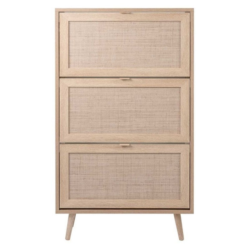 Space-saving shoe rack with 3 drop-down doors, "Bali" wicker effect, double depth